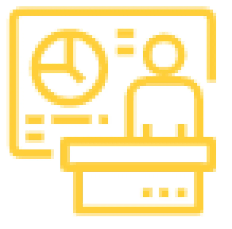 Yellow line icon showing a person at a desk with a clock on the wall, representing office work or working at a desk.