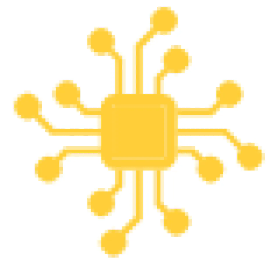Yellow circuit board icon with multiple lines branching out from a central square, representing technology or a microchip.