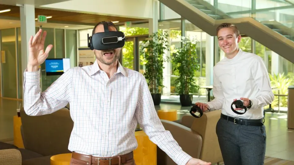 A man wearing a virtual reality headset