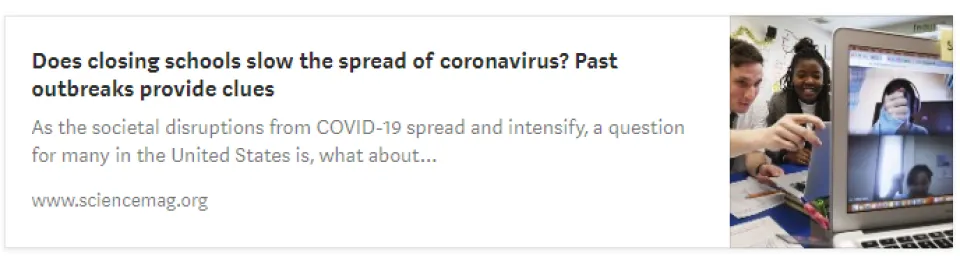 Screenshot of a Sciencemag.org article titled "Does closing schools slow the spread of coronavirus? Past outbreaks provide clues"