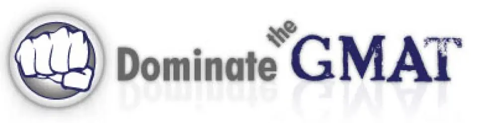Logo with a white fist in a circle next to the words "Dominate the GMAT" in bold, gray and dark blue text.