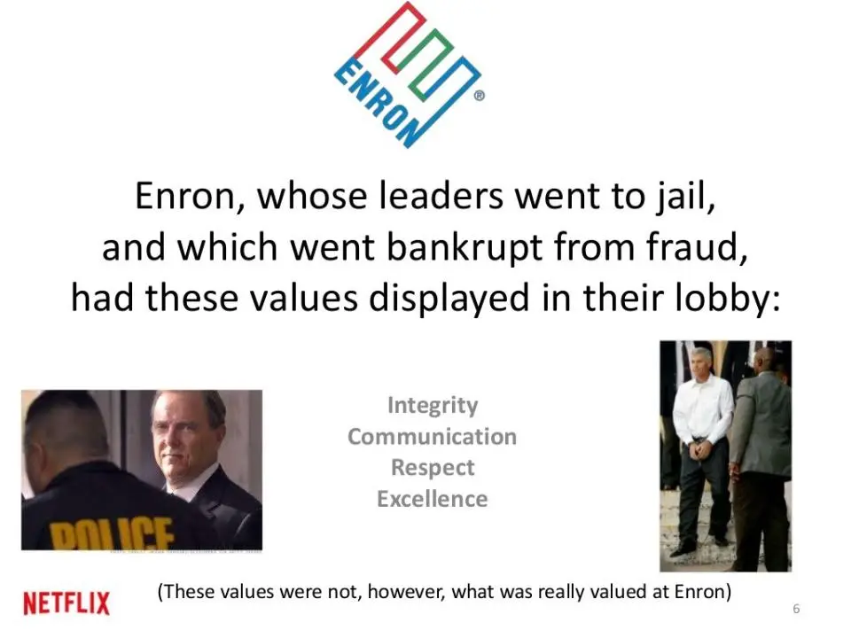 Image showing Enron’s stated values—Integrity, Communication, Respect, Excellence—with photos of police and executives, highlighting irony given Enron's fraudulent collapse.