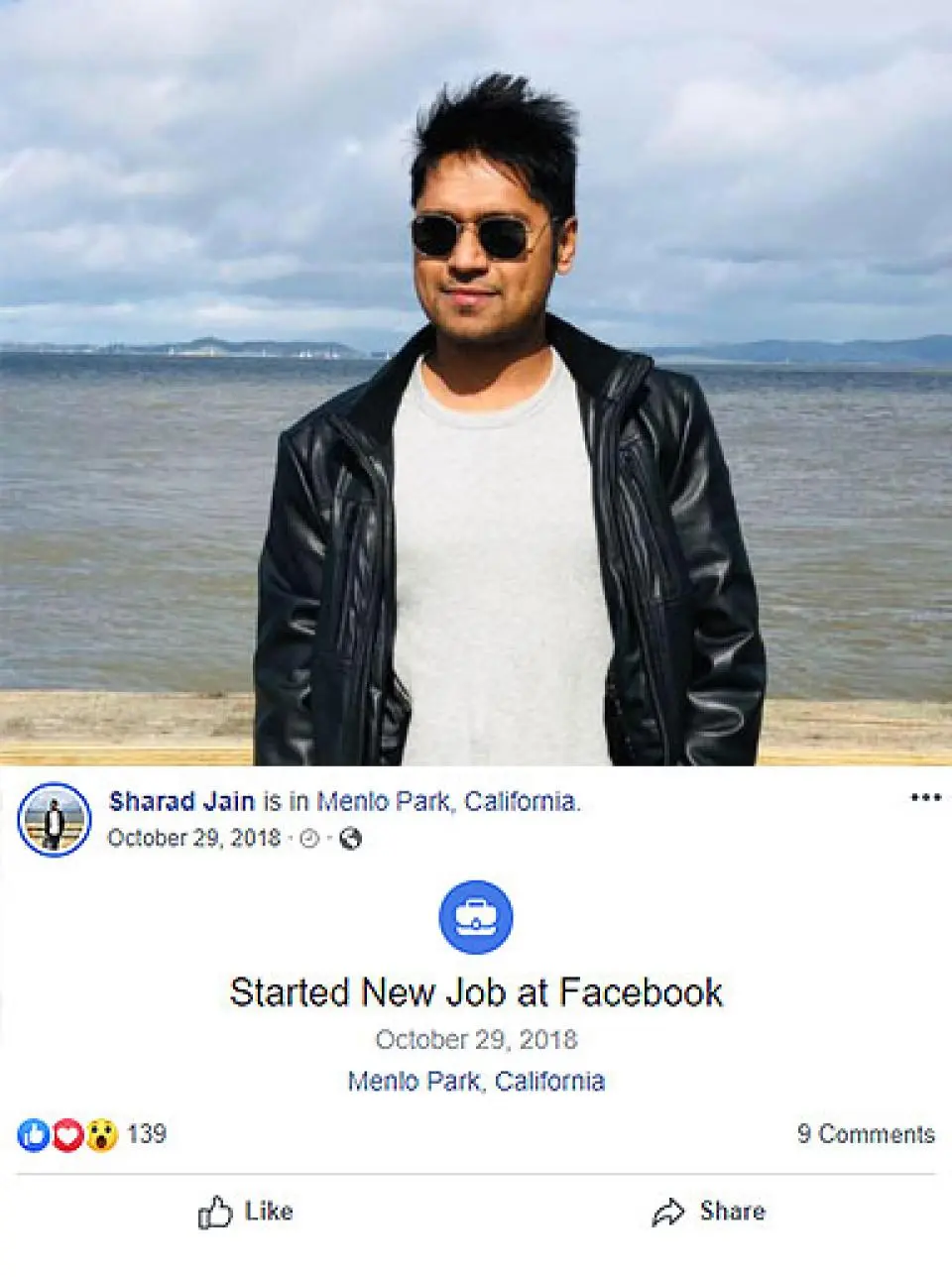 Screenshot from Sharad Jain's facebook page with his new job announcement