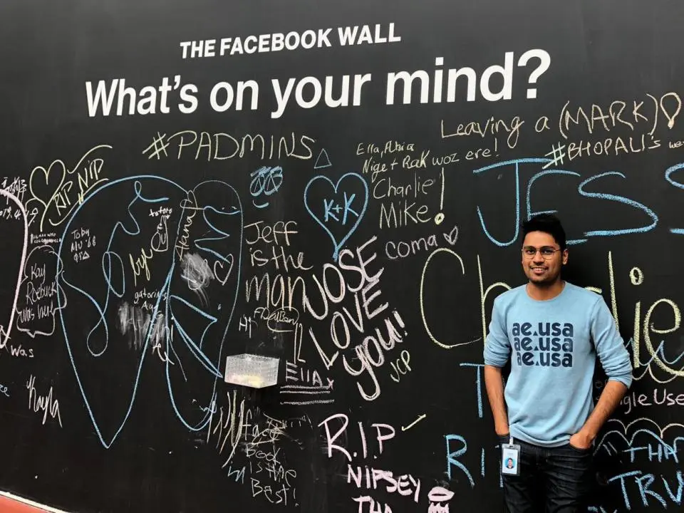 Sharad Jain at a 'what's on your mind' wall at Facebook's headquarters