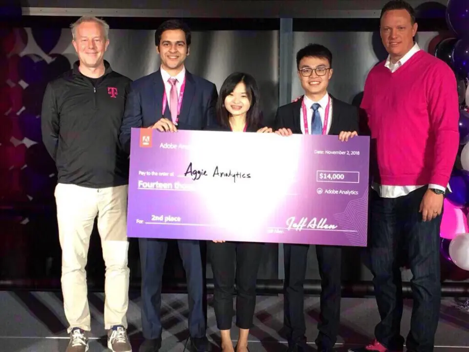 Five people stand together holding a large presentation check for $14,000 made out to “Aggie Analytics” for winning 2nd place in an Adobe Analytics competition.