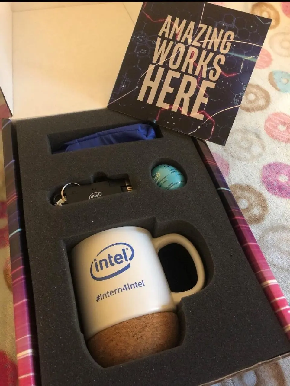An Intel mug and other SWAG given to interns