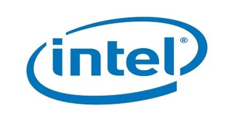 Intel logo in blue lowercase letters with a circular swoosh design around the word on a white background.
