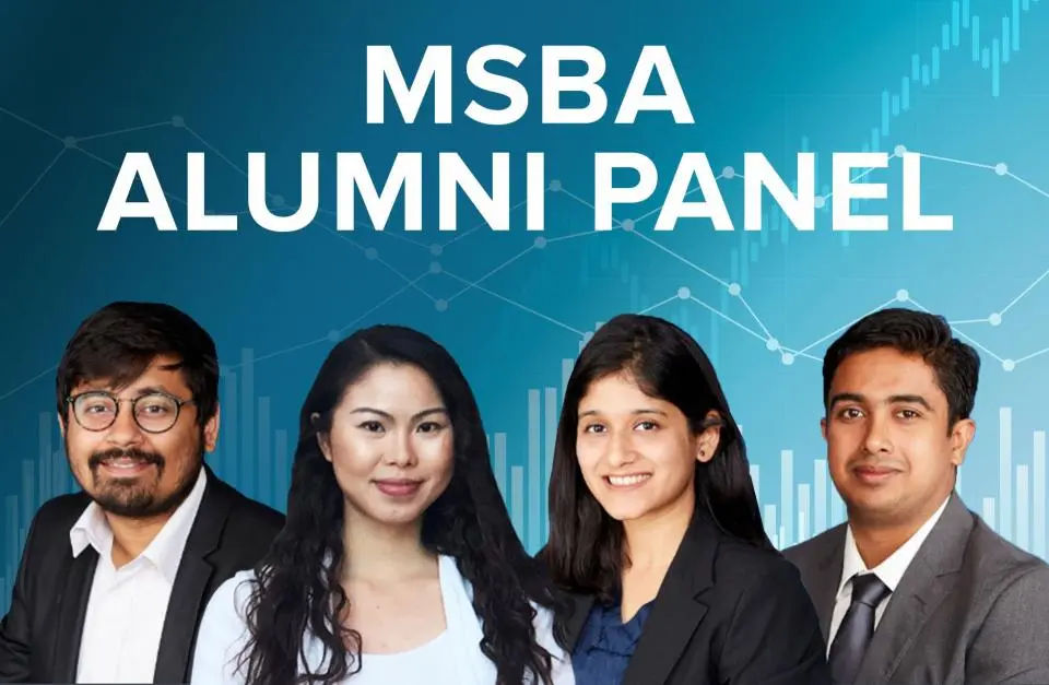 Four professionally dressed individuals pose in front of a blue background with charts, below the text "MSBA Alumni Panel.