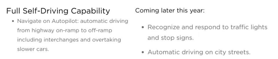 Text listing Full Self-Driving Capability features: highway navigation, overtaking, upcoming traffic light and stop sign recognition, and automatic city street driving.