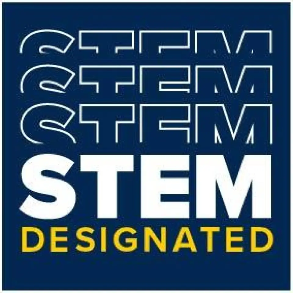 Blue square with the word "STEM" repeated four times in white and yellow, with "STEM DESIGNATED" highlighted in bold white and yellow text at the bottom.