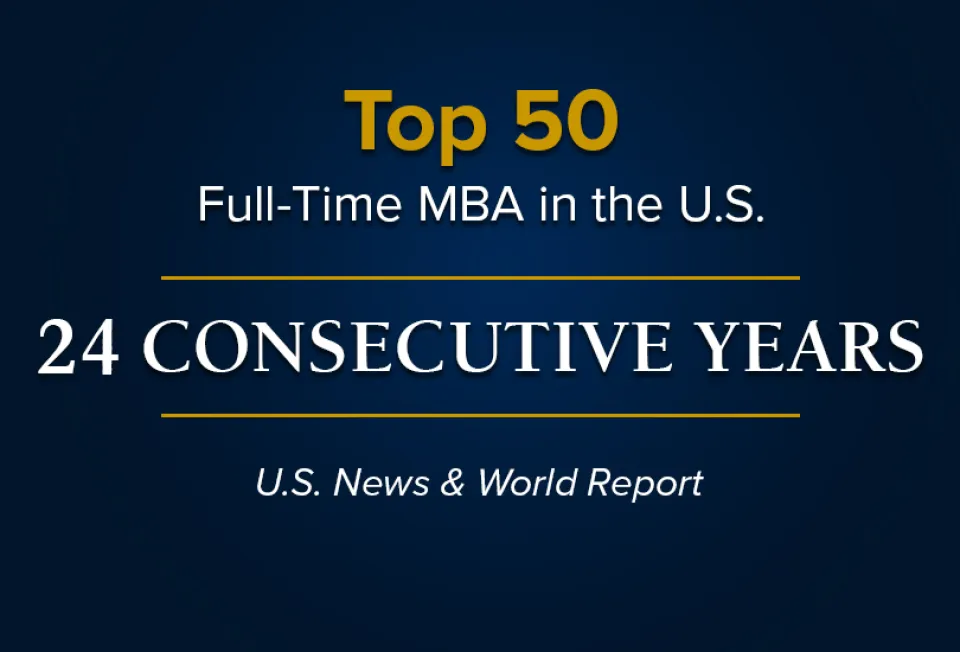 Graphic stating a full-time MBA program has ranked in the top 50 in the U.S. for 24 consecutive years, according to U.S. News & World Report.