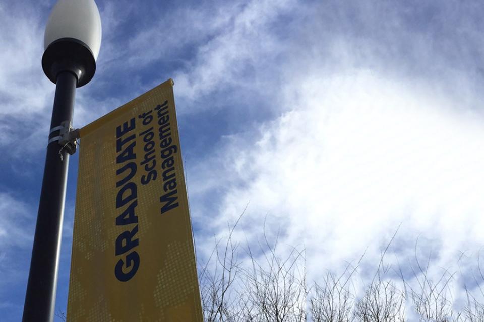 UC Davis GSM banner outside Gallagher Hall