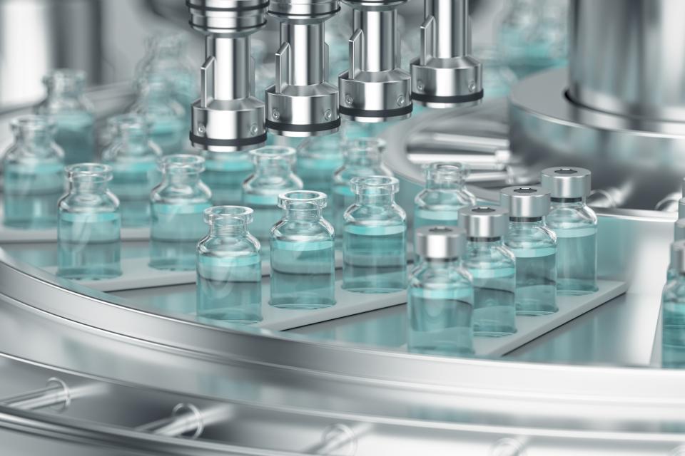 3d render. Pharmaceutical manufacture background with glass bottles with clear liquid on automatic conveyor line.