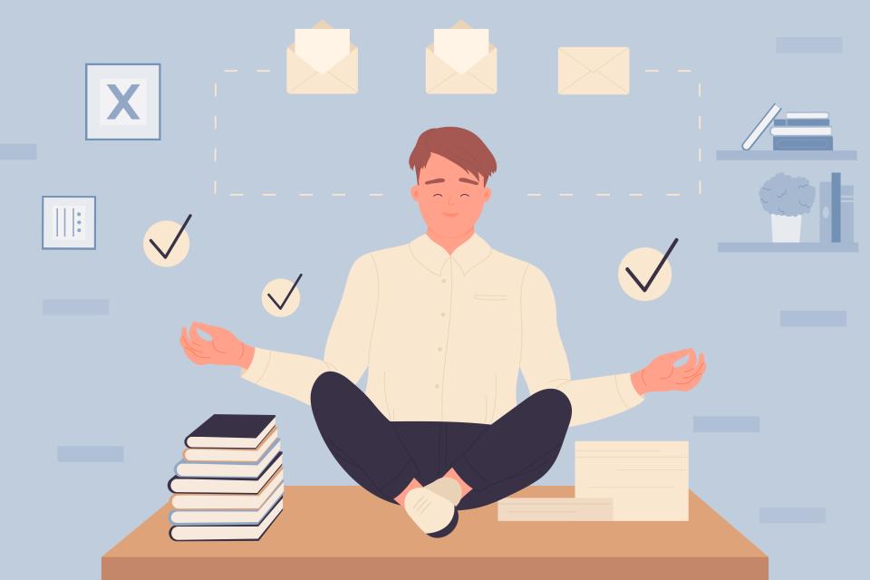 Businessman or student meditating in calm yoga lotus pose near stack of books vector illustration. Cartoon young person with work done on time. Effective time management without stress concept