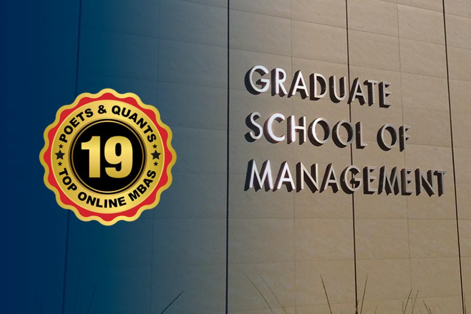 graphic with rankings badge from Poets&Quants and photo of Gallagher Hall