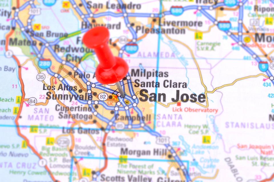 Map with thumbtack indicating location of San Jose, California