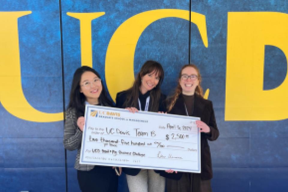 Daniella Kleiner-Kanter, Min Zhu and Marie Klein hold up a giant check for $2,500