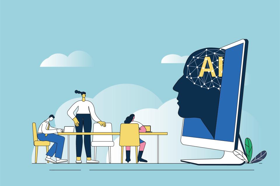 AI on head coming out of computer screen toward meeting of workers