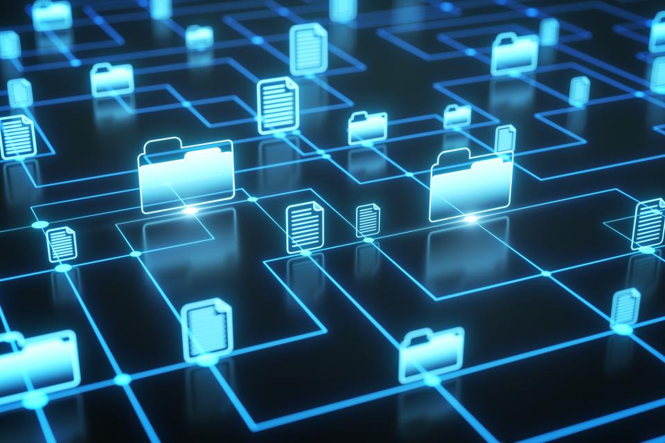 A digital illustration of glowing blue folder and document icons connected by lines, representing data storage, file sharing, and networked information systems.