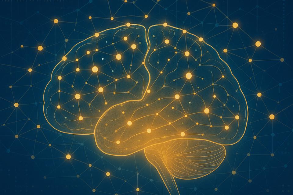 Illustration of a human brain outlined in yellow with interconnected nodes and lines, symbolizing neural networks, on a dark blue background with abstract data patterns.