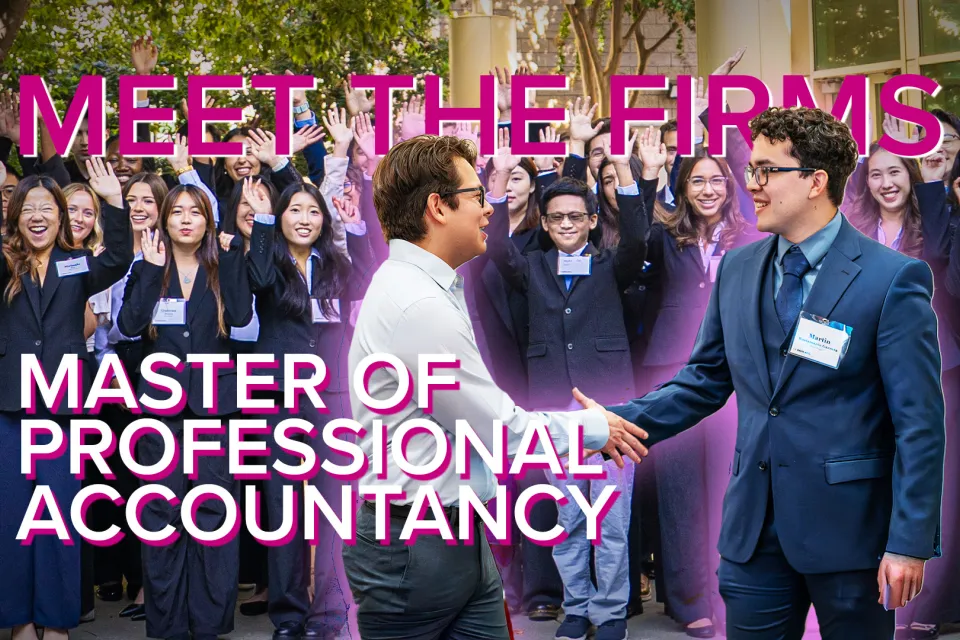 Two people in business attire shake hands in front of a group posing and smiling. Text reads “Meet the Firms. Master of Professional Accountancy.”